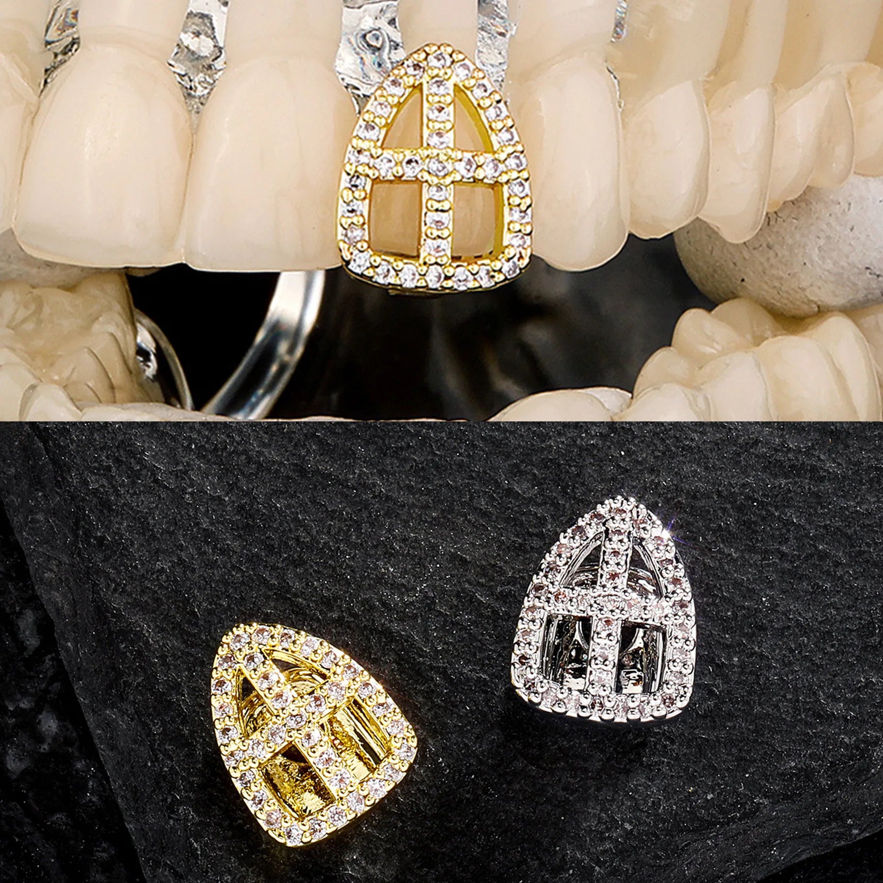 Iced Hollow Cross Tooth Grillz